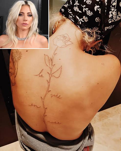 Collage showing a woman’s vine and script back tattoo alongside her portrait